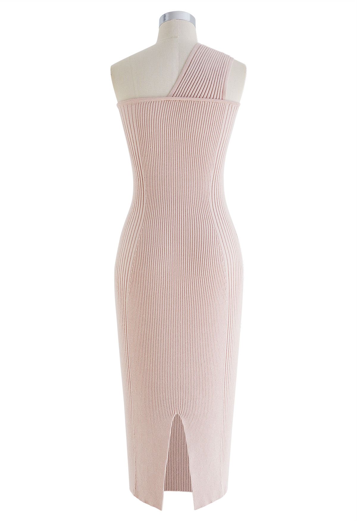 One-Shoulder Knotted Bodycon Knit Dress in Pink