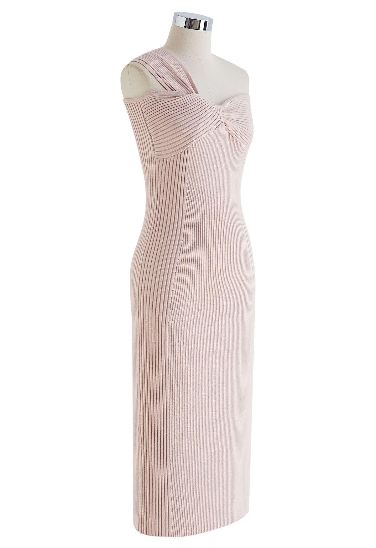 One-Shoulder Knotted Bodycon Knit Dress in Pink