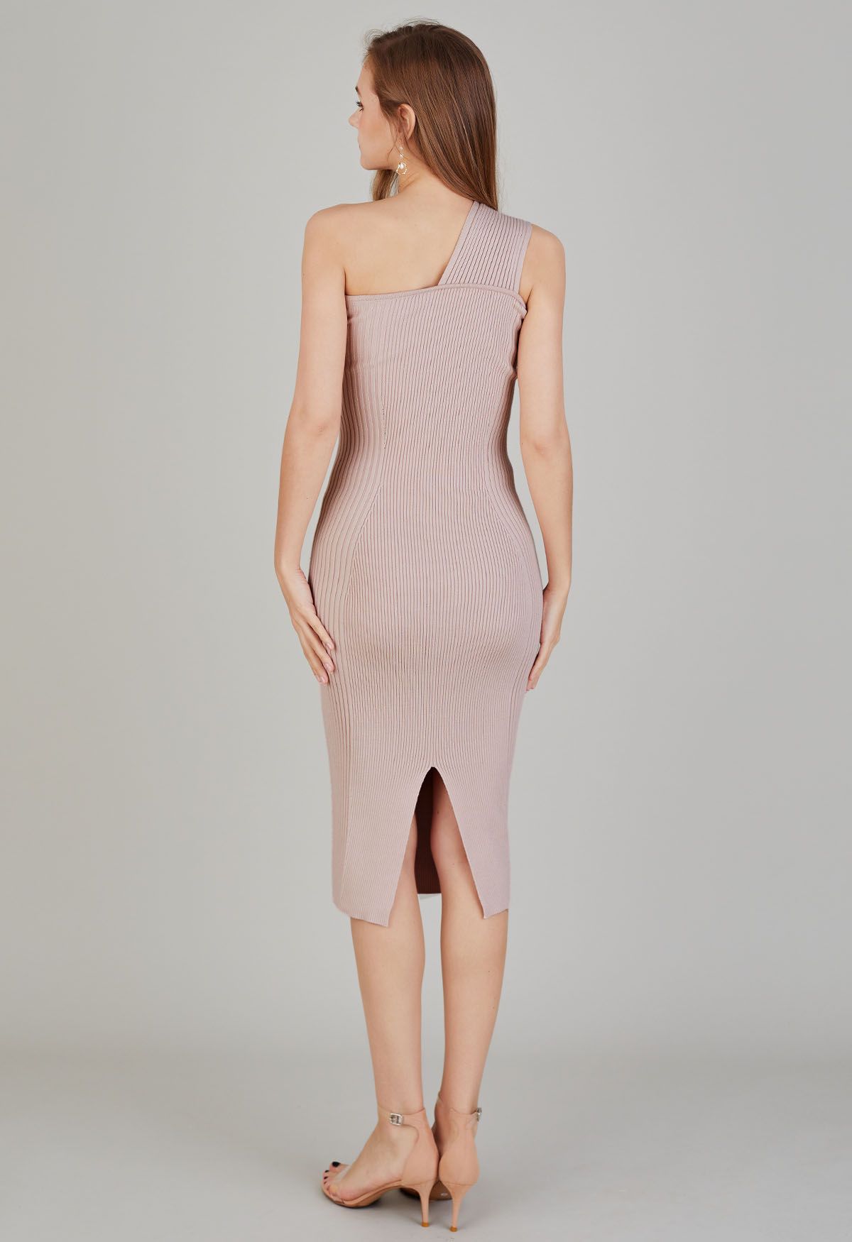 One-Shoulder Knotted Bodycon Knit Dress in Pink