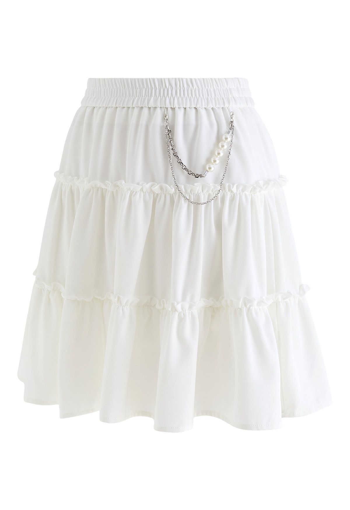 Pearl Chain Ruffle Detail Frilling Skirt in White