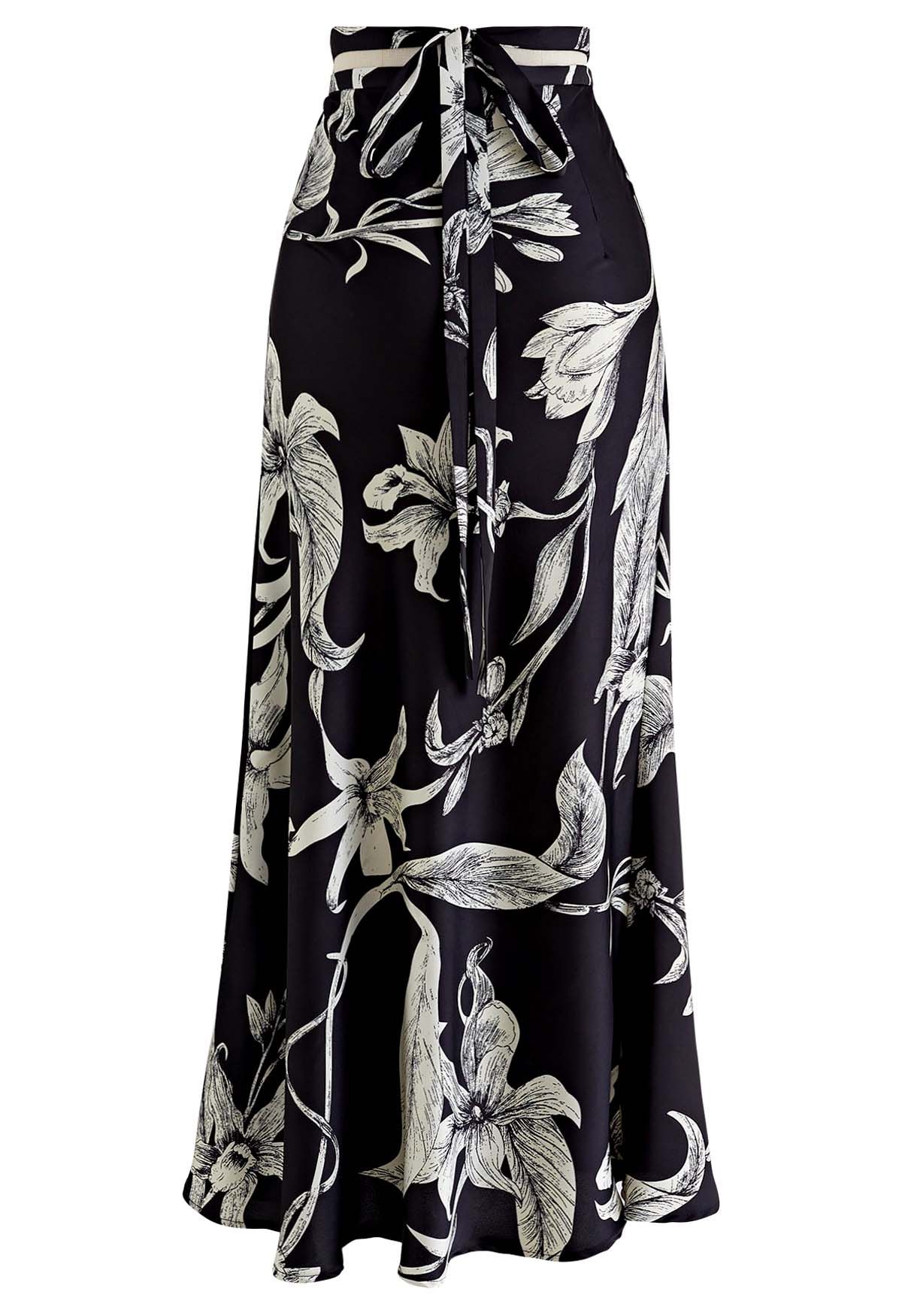 Midnight Lily Satin Pencil Maxi Skirt