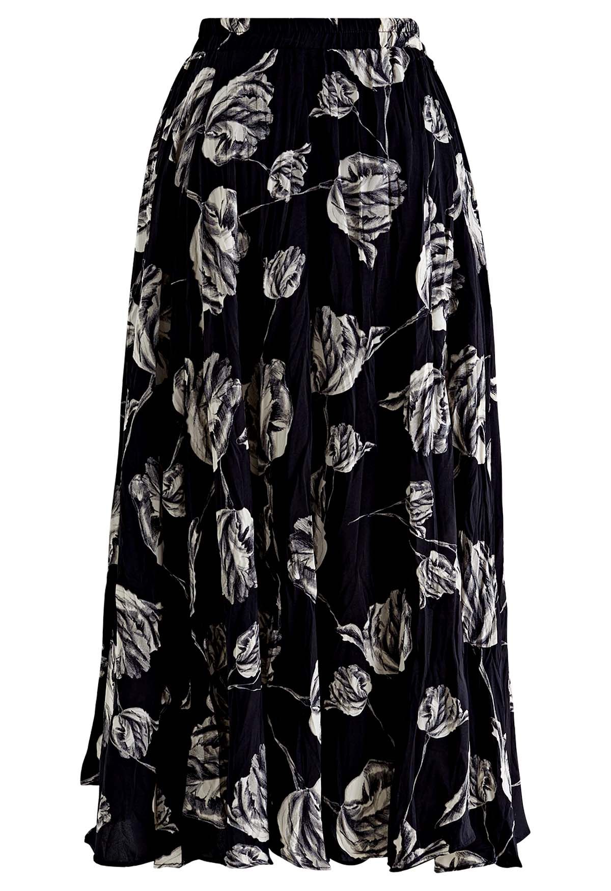 Ink Rose Bud Printed Midi Skirt in Black