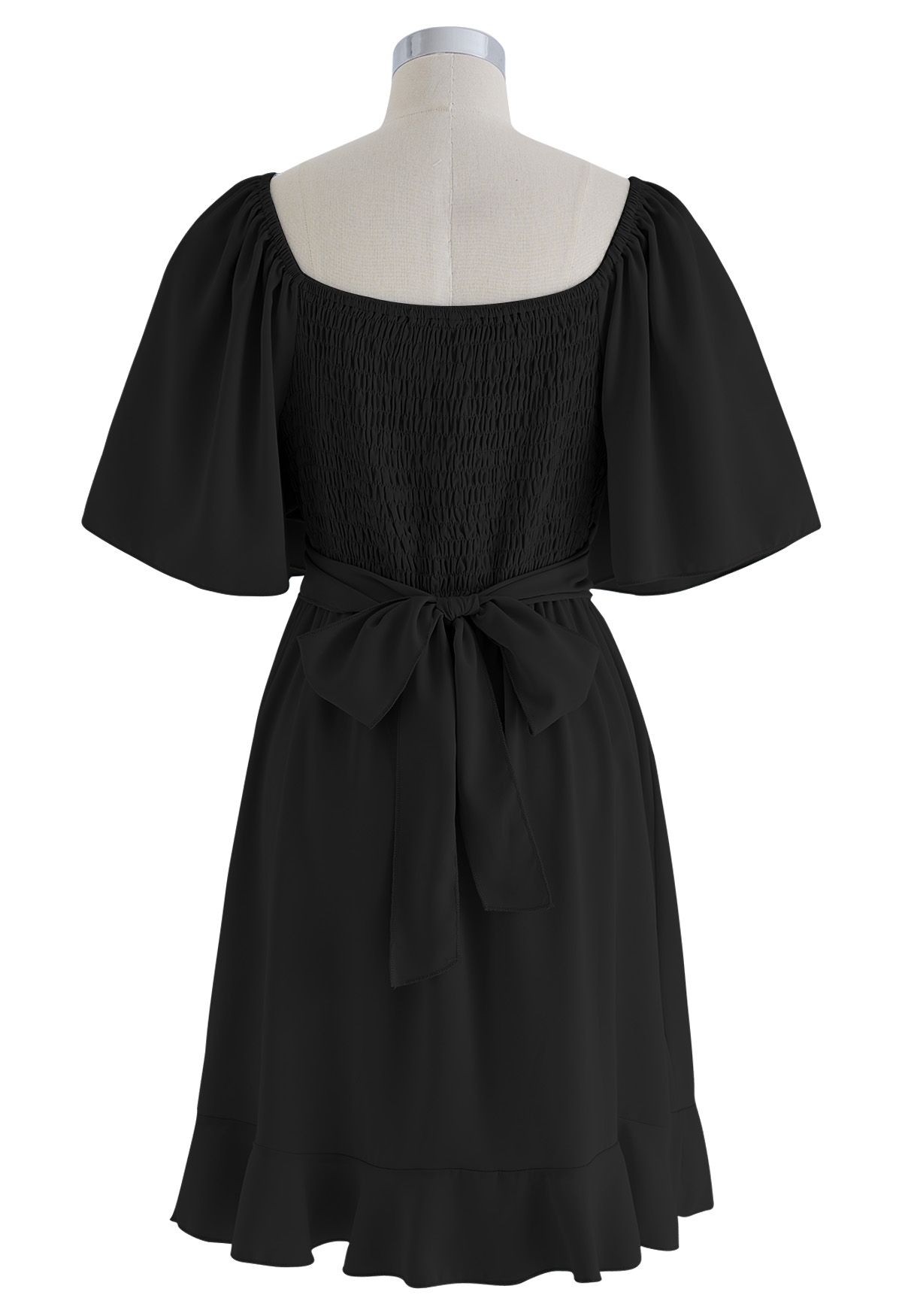 Cross Ribbon Flutter Sleeves Ruffle Dress in Black