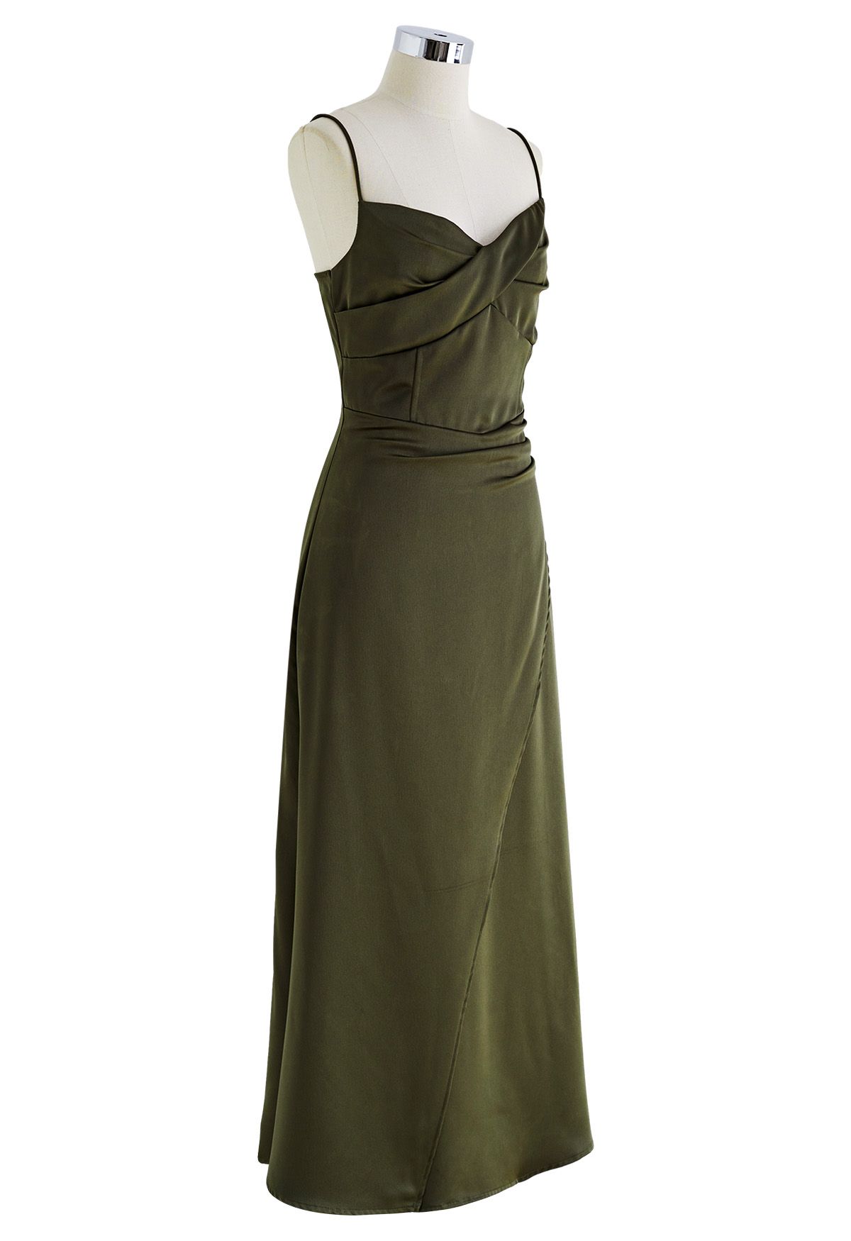 Floral Choker Satin Cami Maxi Dress in Olive