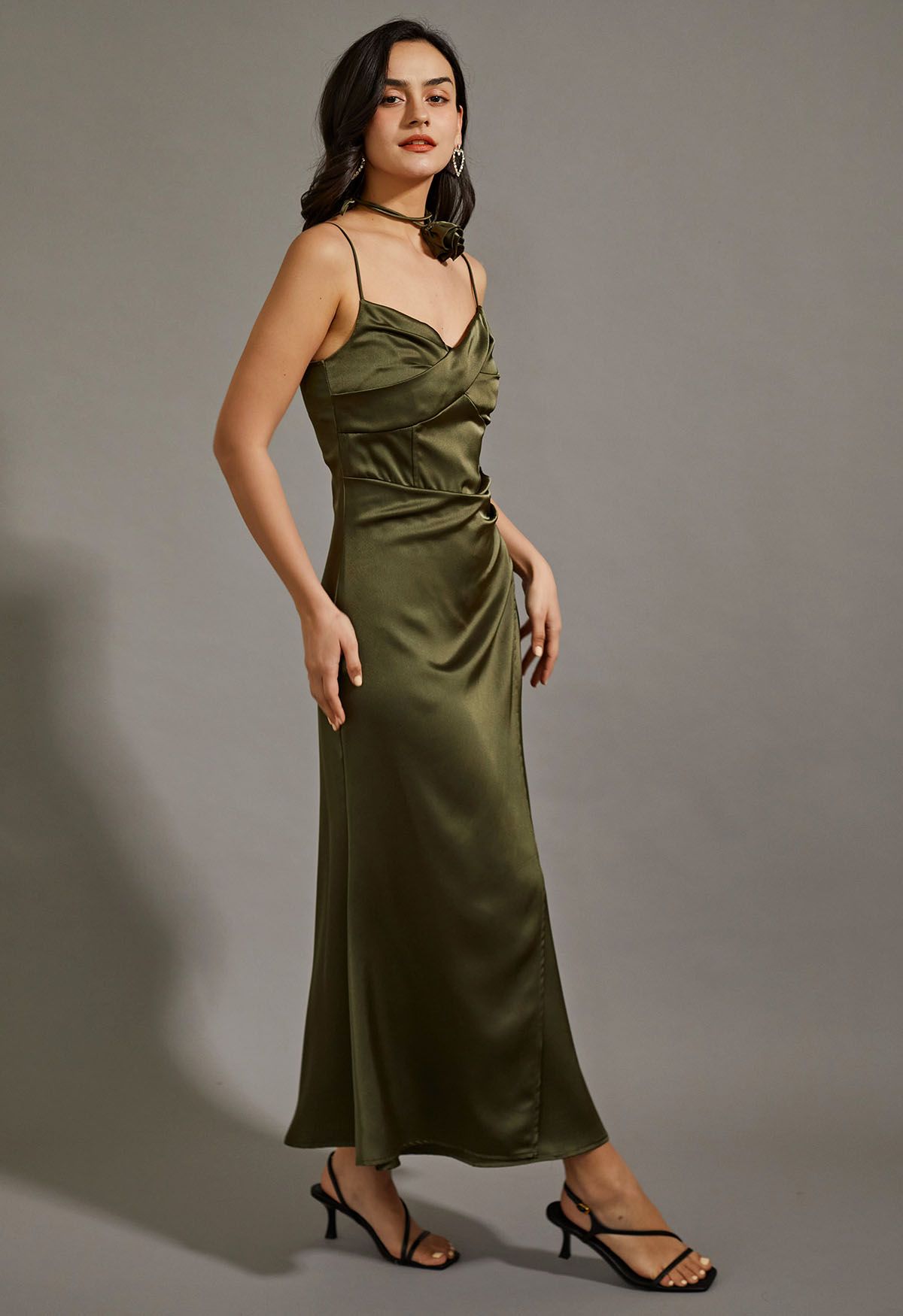 Floral Choker Satin Cami Maxi Dress in Olive