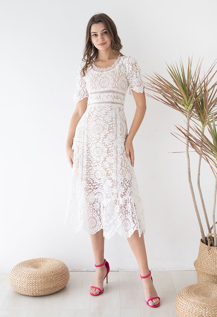 Floral Crochet Short-Sleeve Midi Dress in White