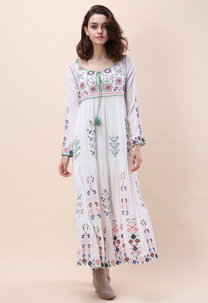 White Flowerland Embroidered Maxi Dress