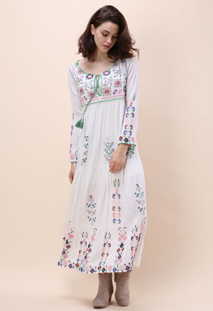 White Flowerland Embroidered Maxi Dress