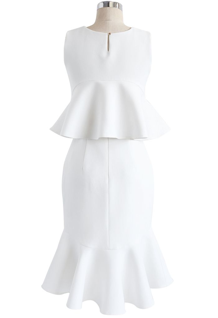 Frill Hem Sleeveless Cropped Top and Bud Skirt Set in White