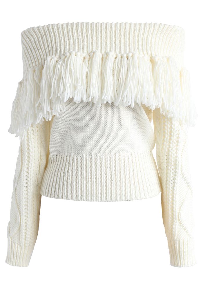 Joyful Tassels Off-Shoulder Knit Sweater in White