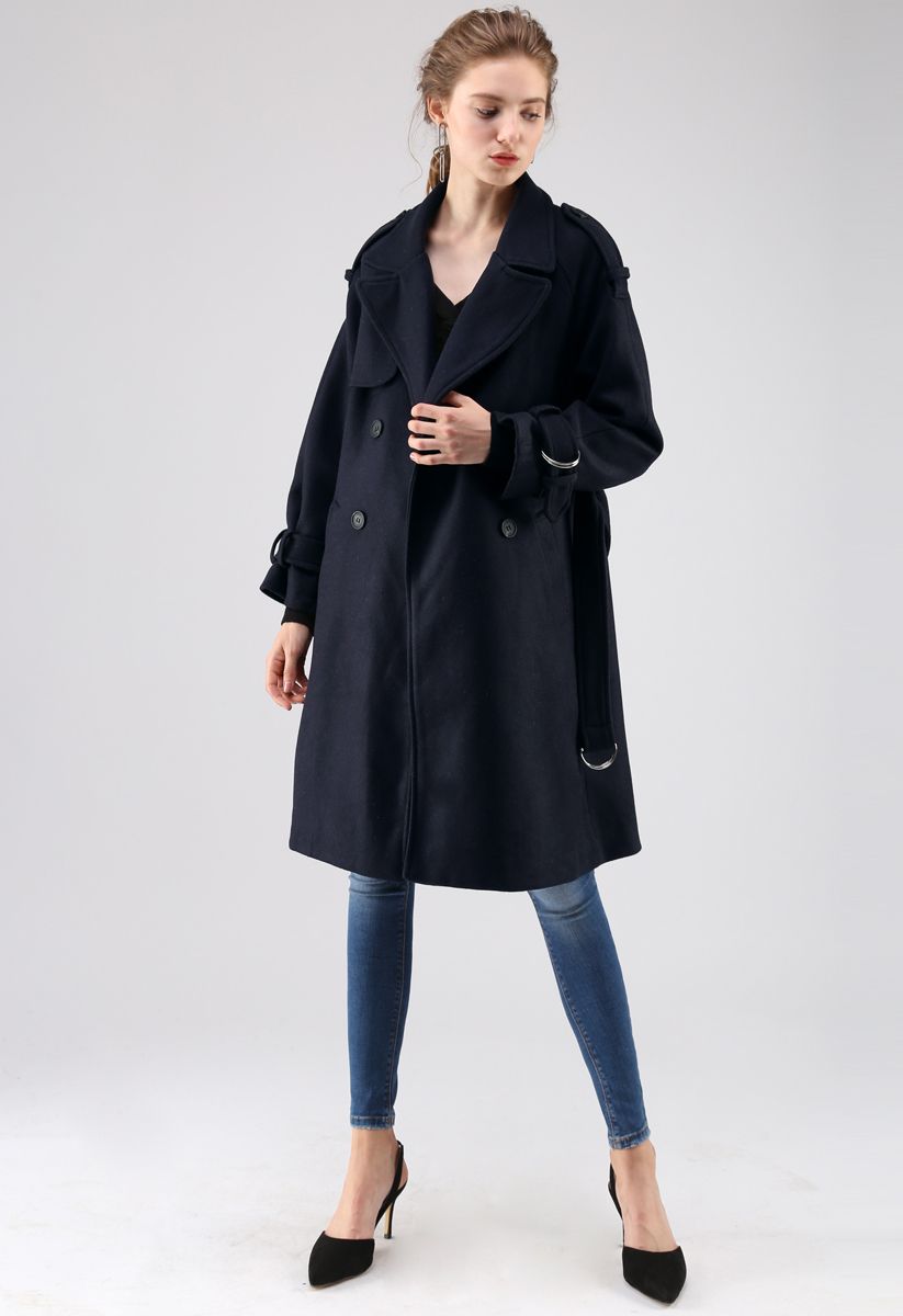 Snug Double-Breasted Wool-Blend Coat in Navy