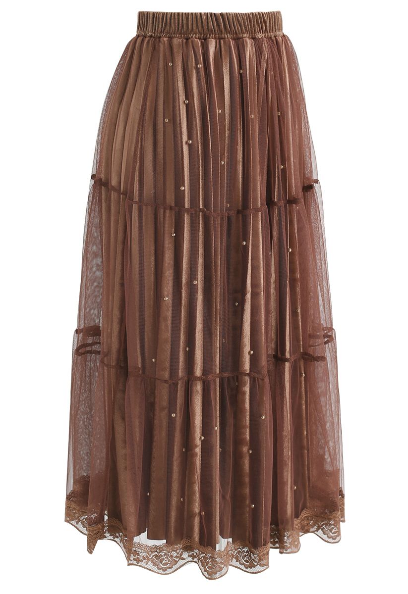 Bouncing Beads Velvet Mesh Skirt in Brown