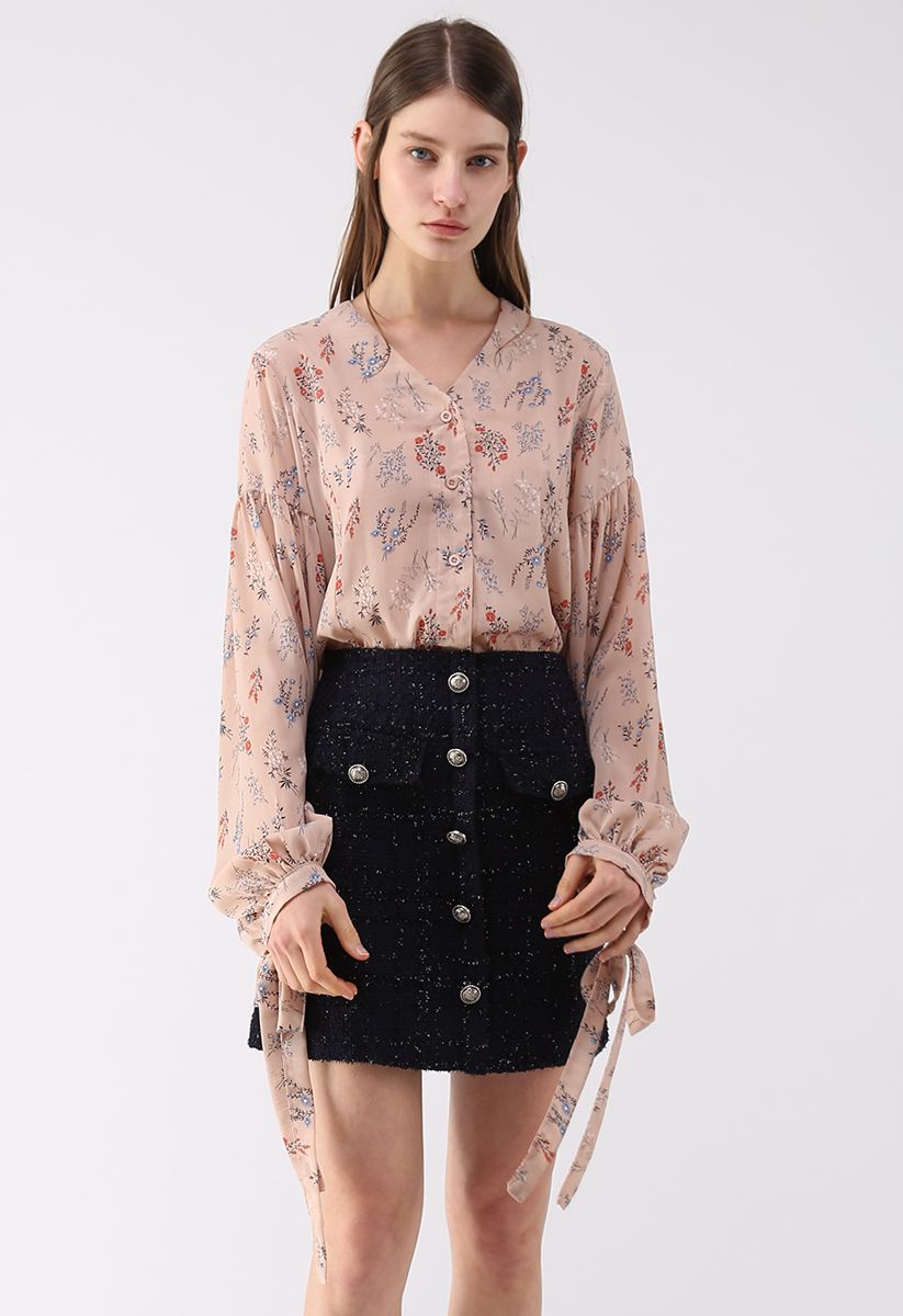Soft Flower V-Neck Chiffon Top in Nude Pink
