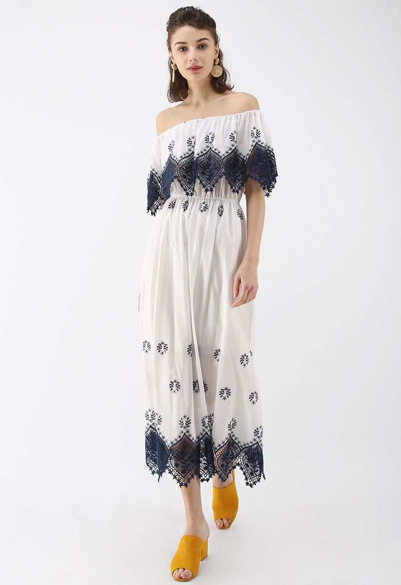 Lacey Flair Off-Shoulder Midi Dress with Navy Crochet