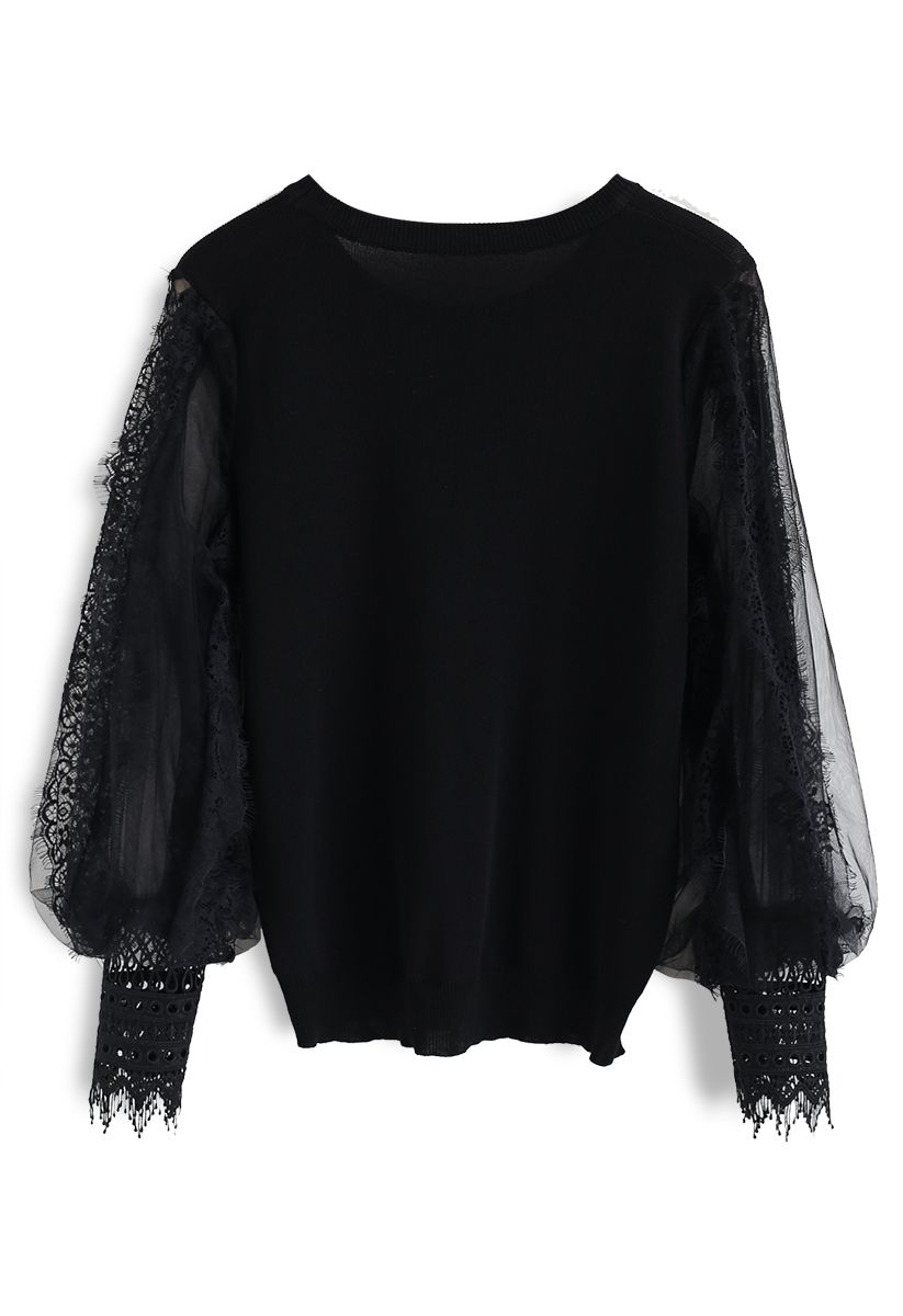 Romantic Sample Mesh Bubble Sleeves Sweater in Black