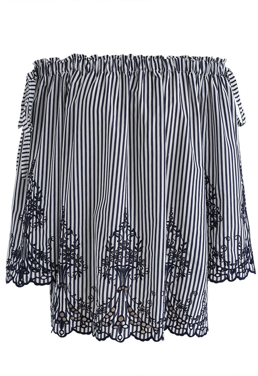 Dual Bowknot Stripes Embroidered Off-Shoulder Top in Navy 
