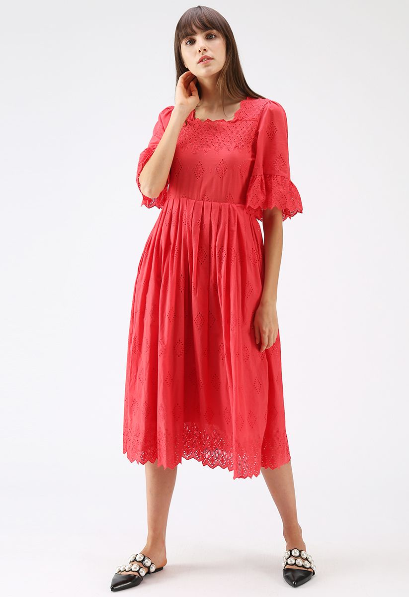 Keep in Simple Eyelet Embroidered Dress in Red
