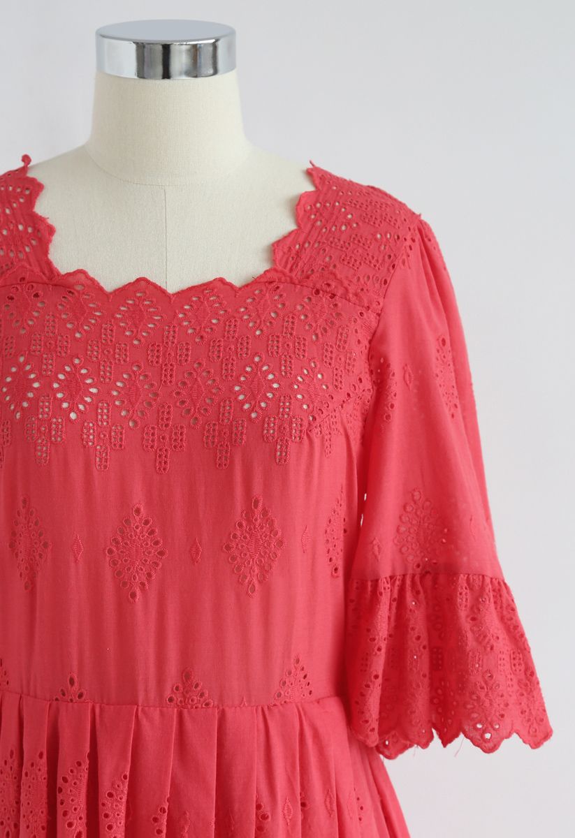 Keep in Simple Eyelet Embroidered Dress in Red