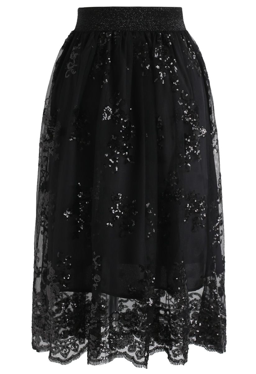 Darling Sequins Mesh Skirt in Black