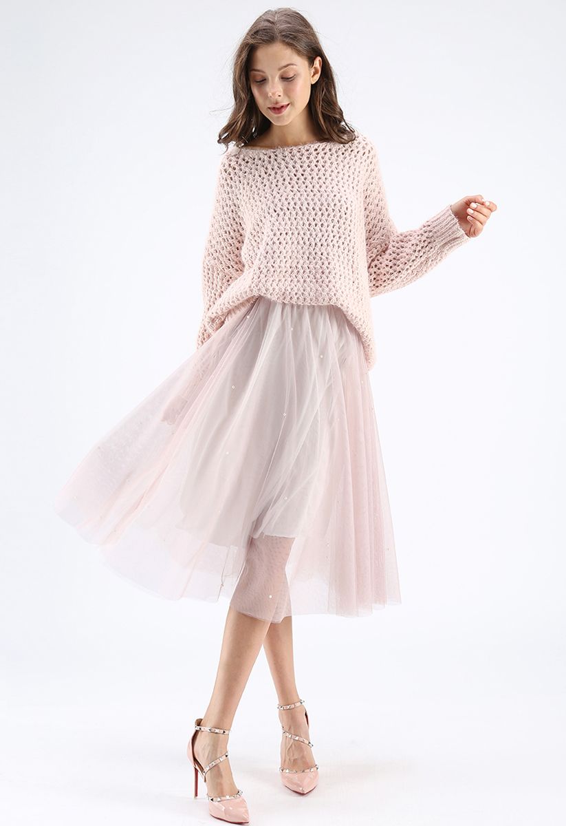 Scattered Pearls Gradient Mesh Tulle Skirt in Pink