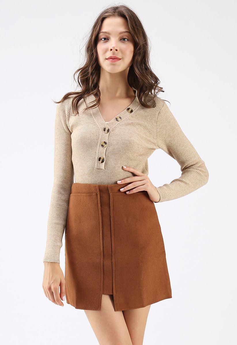 Curvy Beauty Ribbed Knit Top in Tan