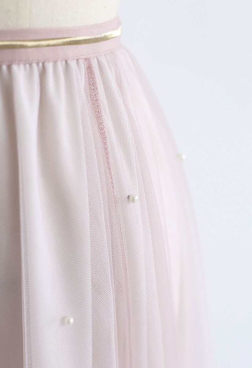 Scattered Pearls Gradient Mesh Tulle Skirt in Pink