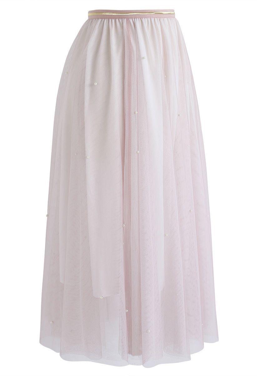 Scattered Pearls Gradient Mesh Tulle Skirt in Pink