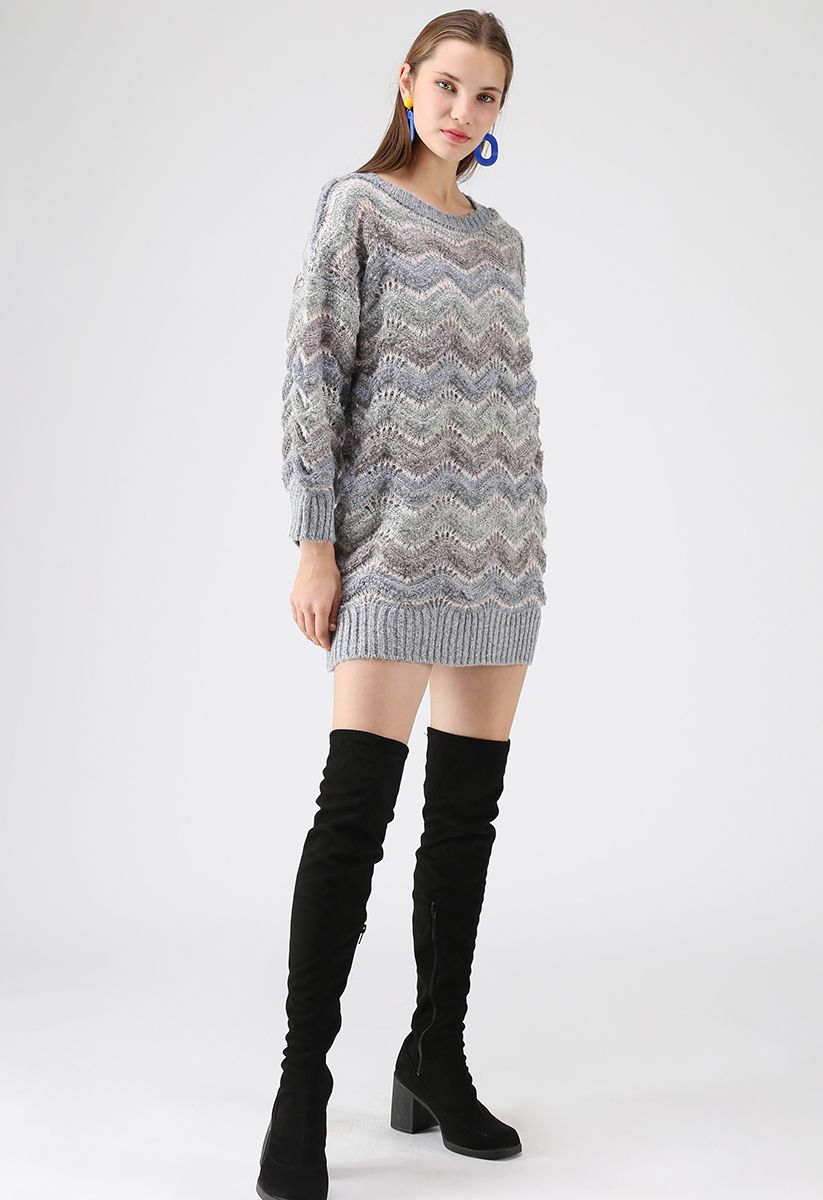 Wavy Stripes Fluffy Longline Sweater
