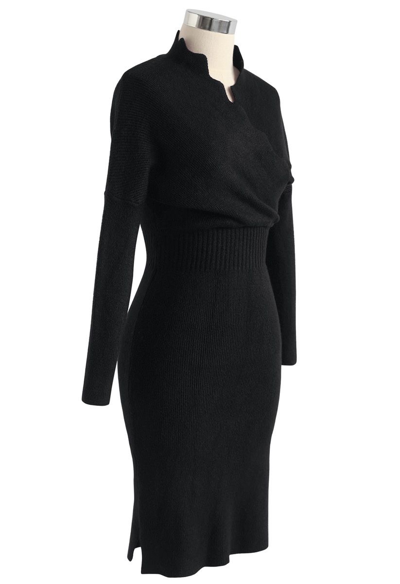 Cafe Time Wavy Wrap Knit Dress in Black