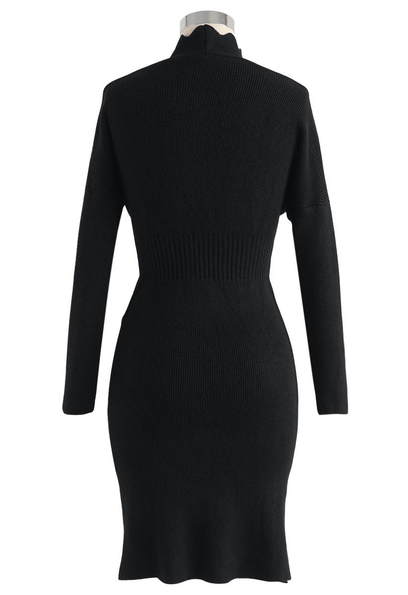 Cafe Time Wavy Wrap Knit Dress in Black