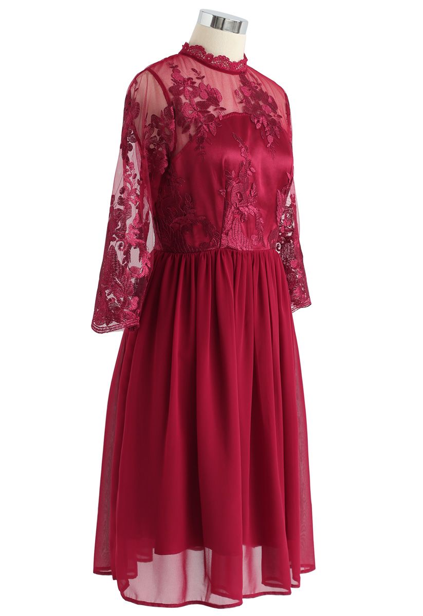 Cheery Moment Embroidered Mesh Chiffon Dress in Red