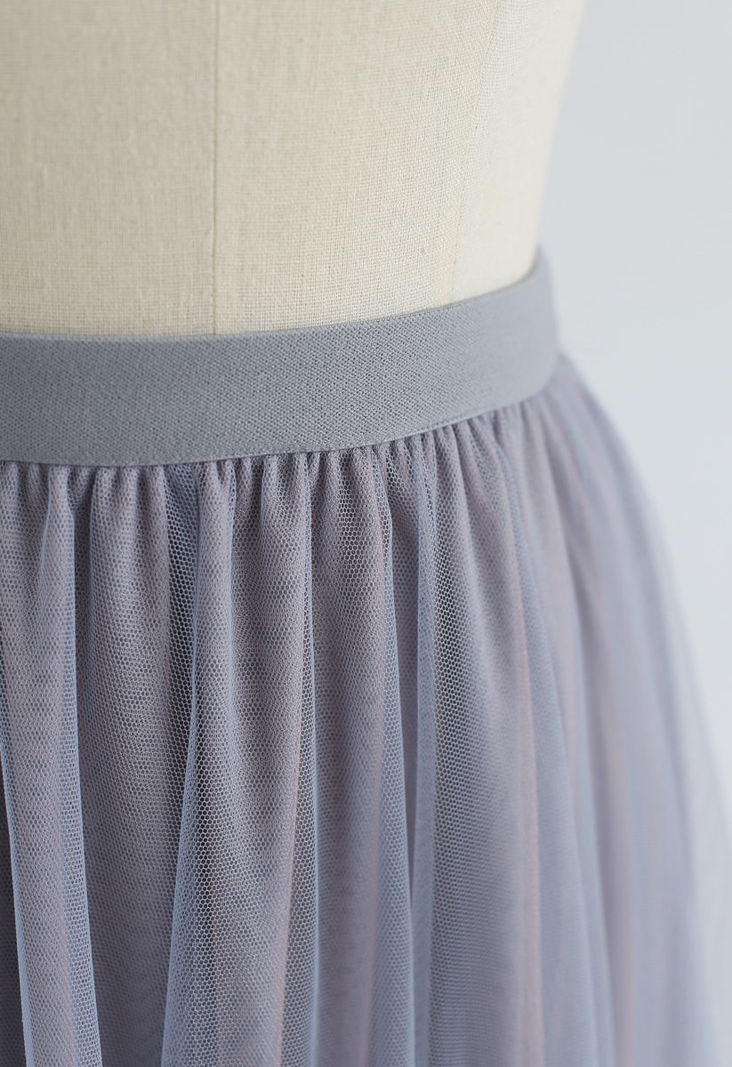 Admired Posture Mesh Tulle Midi Skirt in Grey