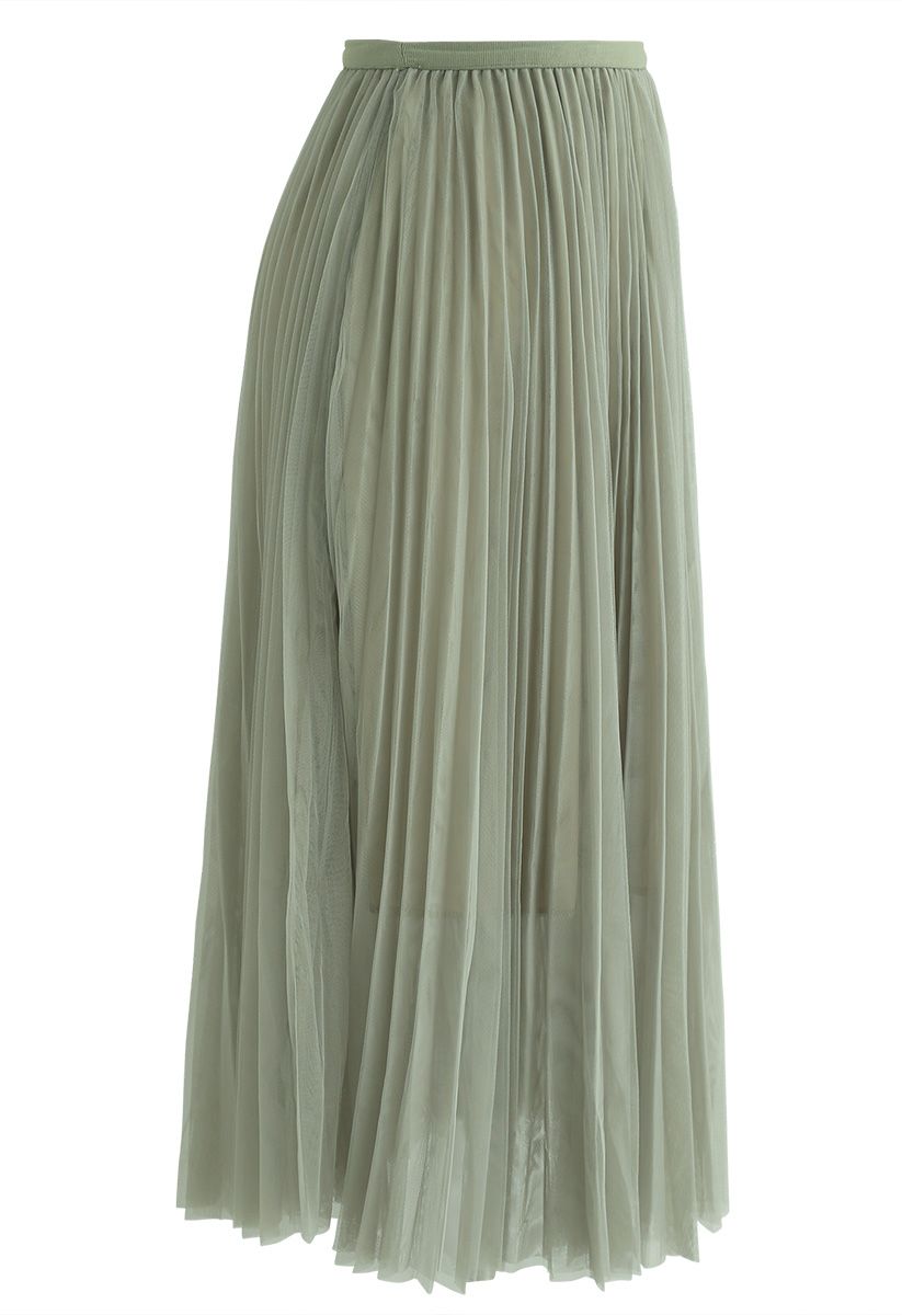 Turn the Night Up Pleated Mesh Skirt in Pea Green