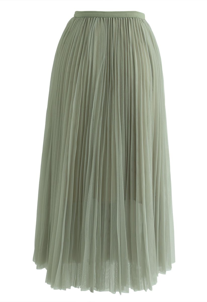 Turn the Night Up Pleated Mesh Skirt in Pea Green