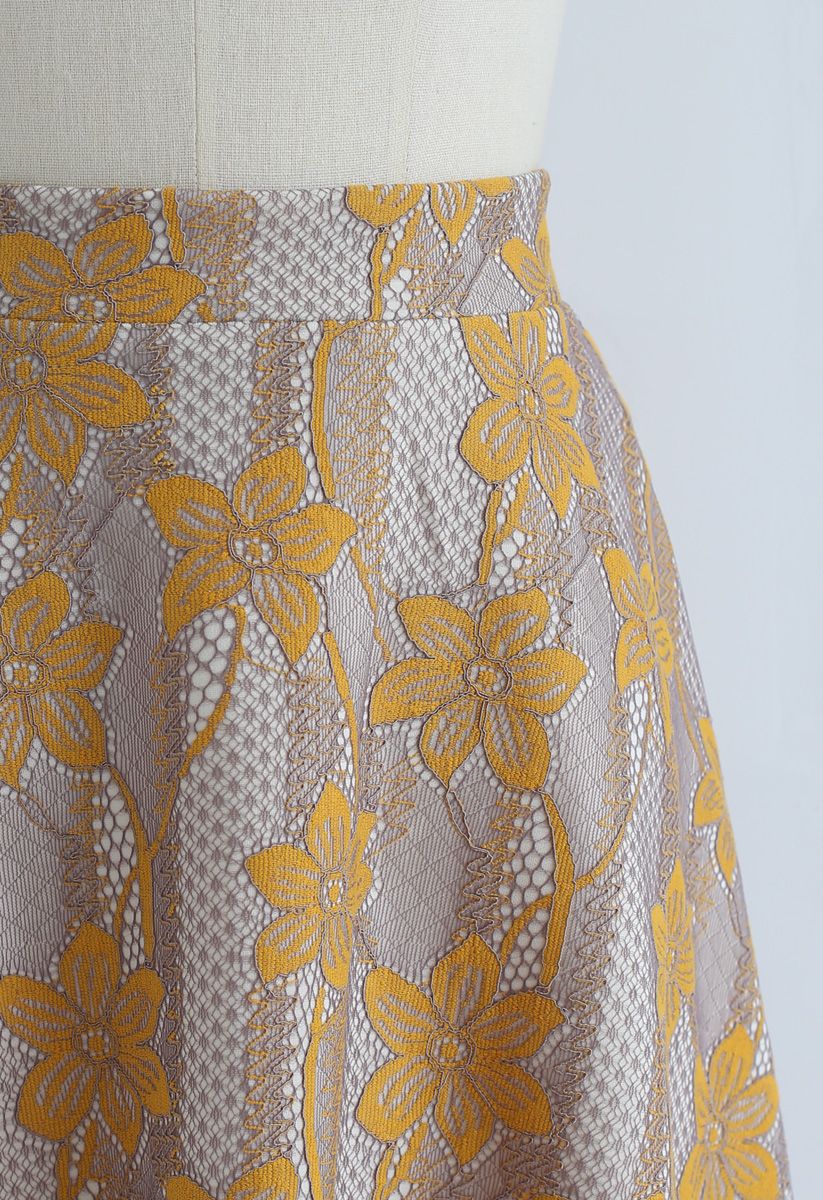 Bauhinia Flowers A-Line Midi Skirt in Yellow