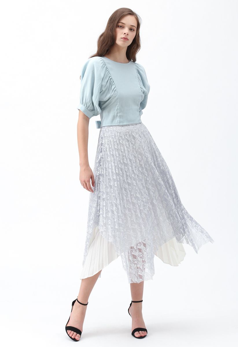 Lacy Romance Asymmetric Midi Skirt in Grey