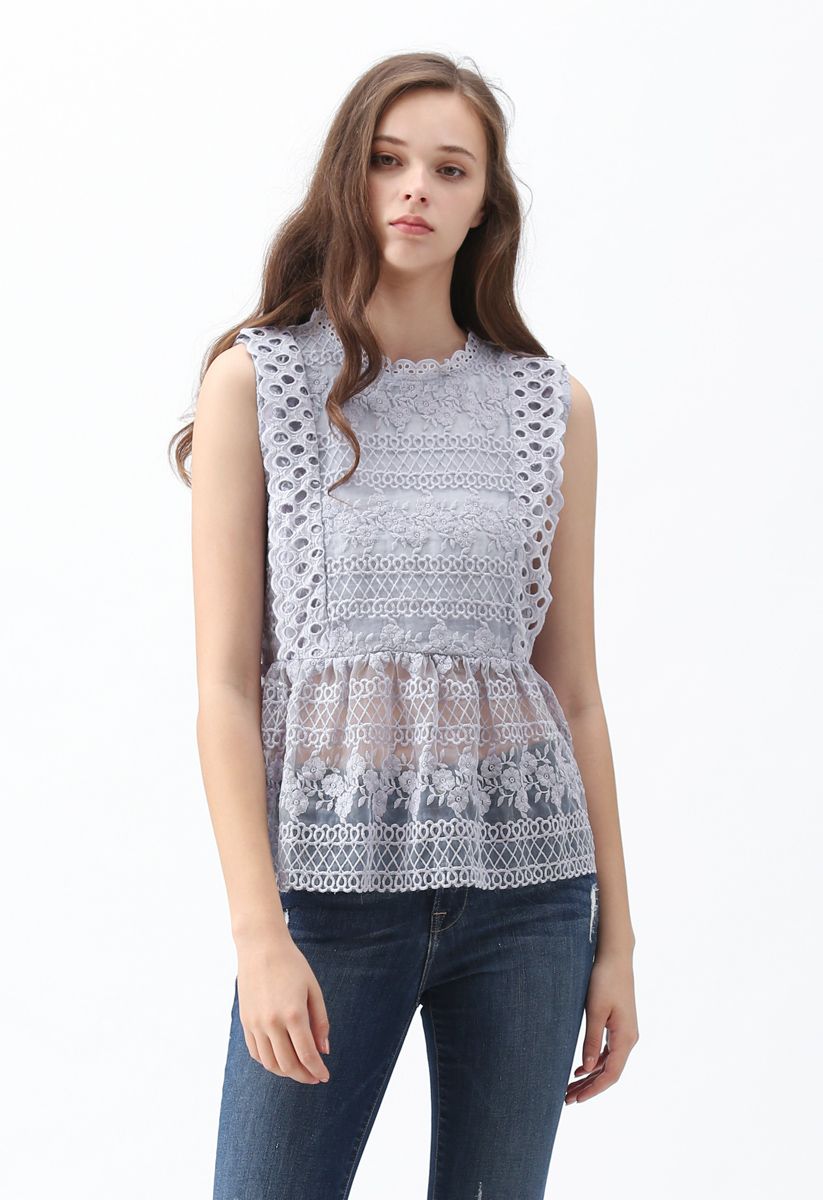 Garden Date Embroidered Sleeveless Sheer Top in Grey