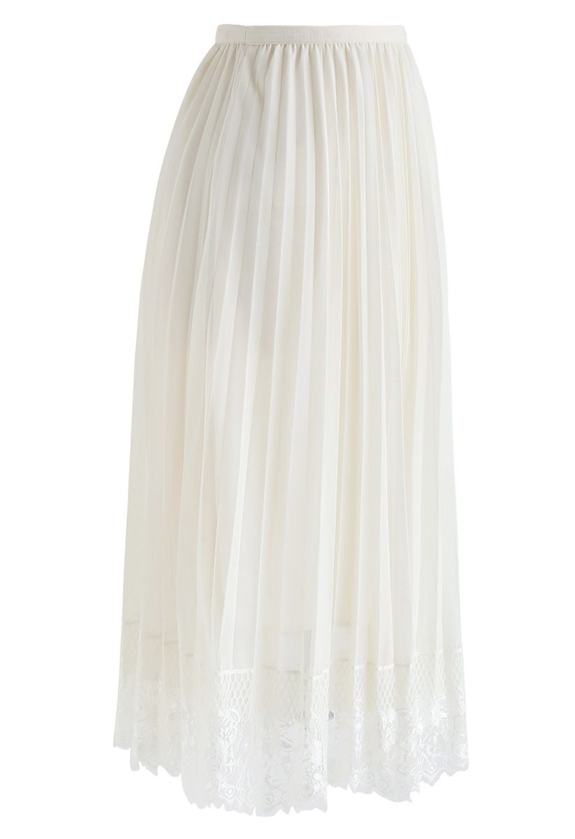 Last Dance Pleated Lace Mesh Skirt in Cream