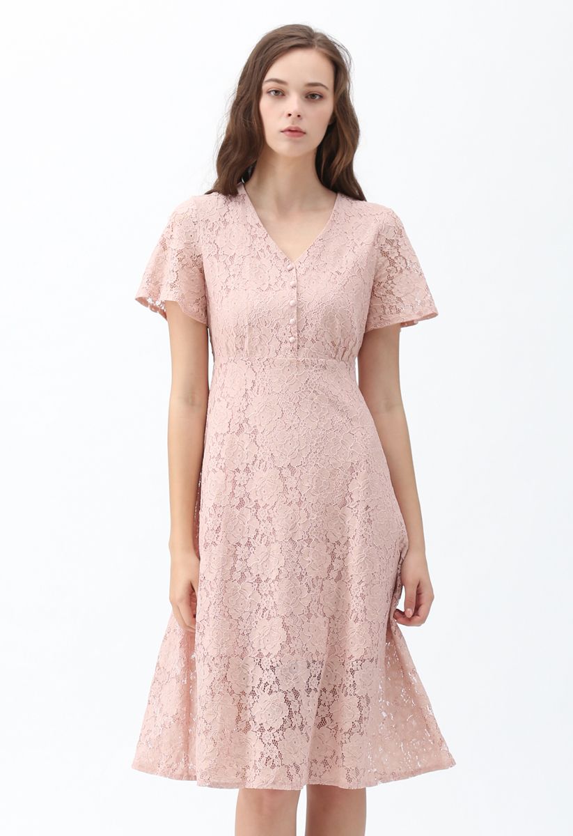 Think About Me Full Lace Midi Dress in Pink