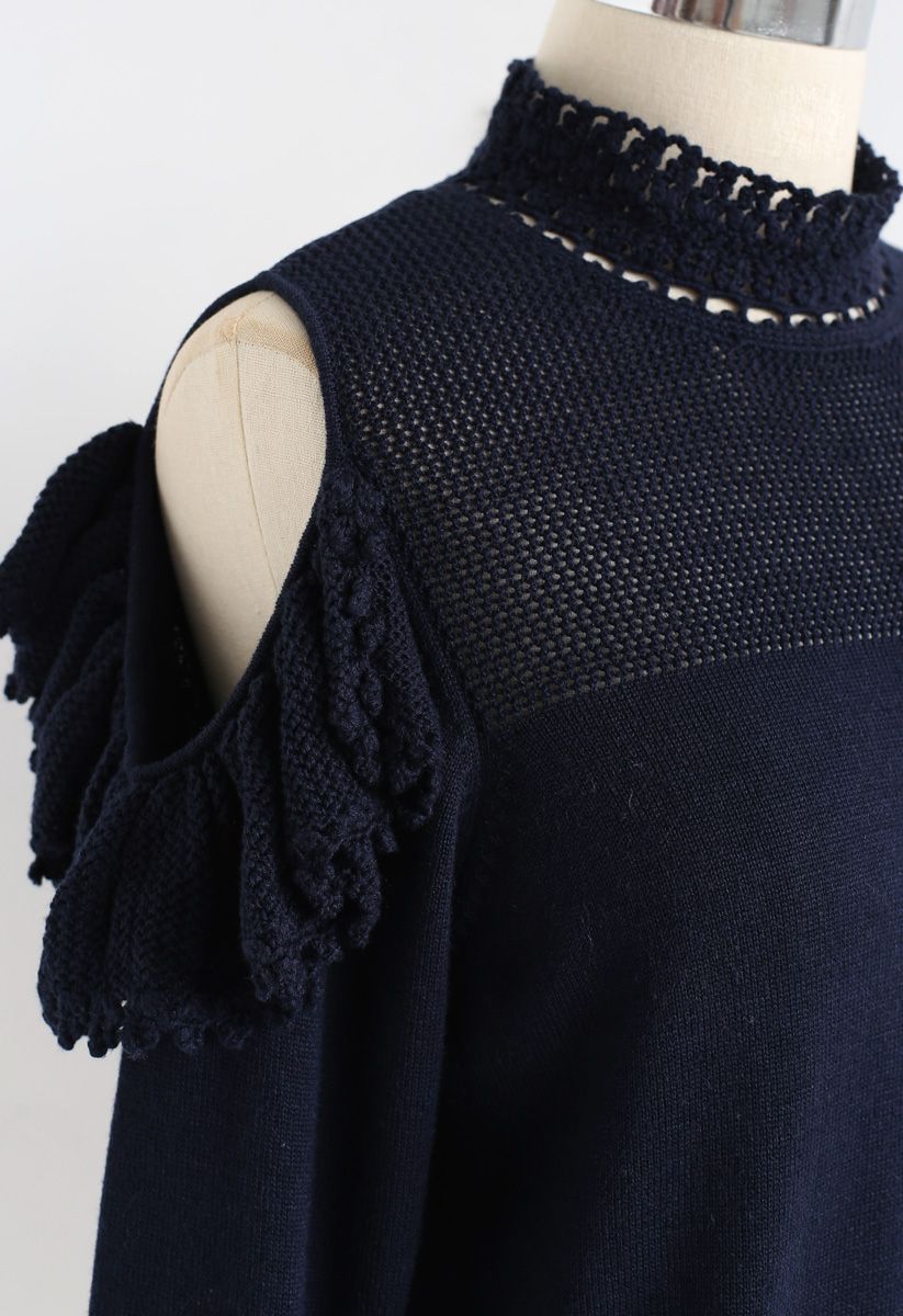 Hand Knit Crochet Cold-Shoulder Knit Top in Navy