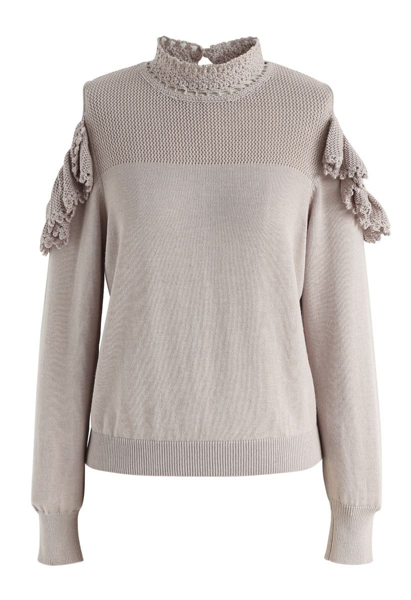 Hand Knit Crochet Cold-Shoulder Knit Top in Taupe
