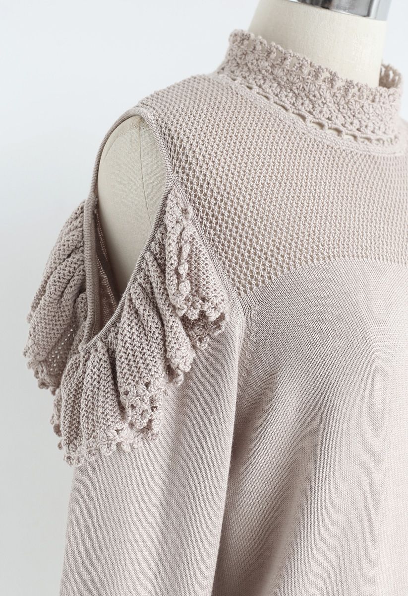 Hand Knit Crochet Cold-Shoulder Knit Top in Taupe