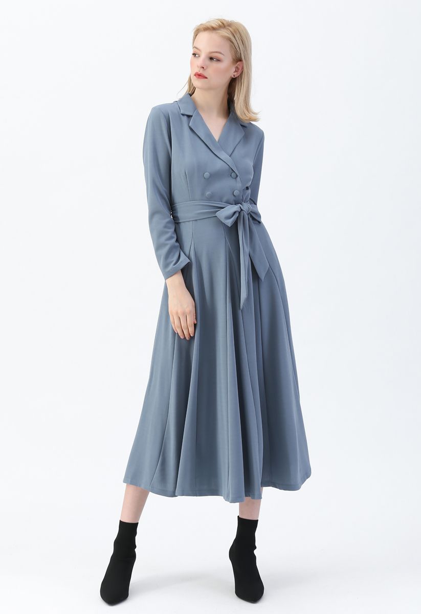 Self-Tied Bowknot Double-Breasted Maxi Dress in Dusty Blue
