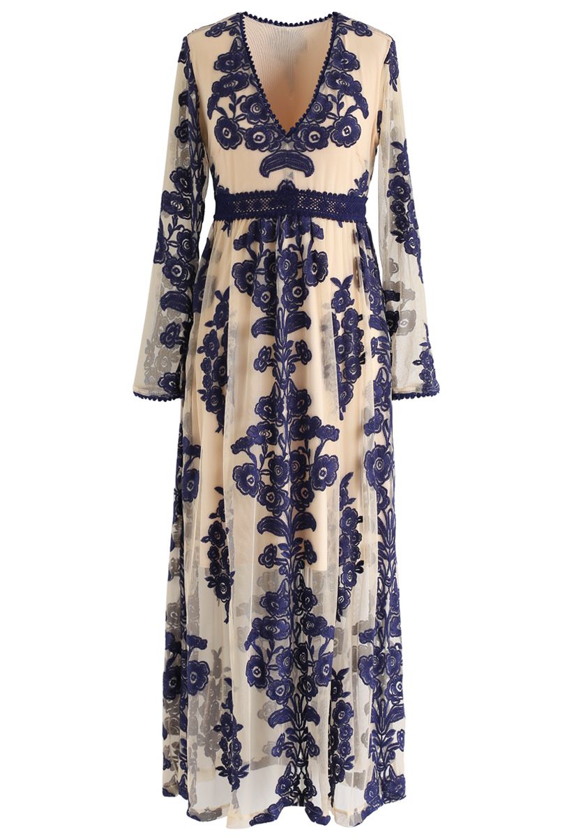 V-Neck Floral Embroidered Mesh Maxi Dress in Navy