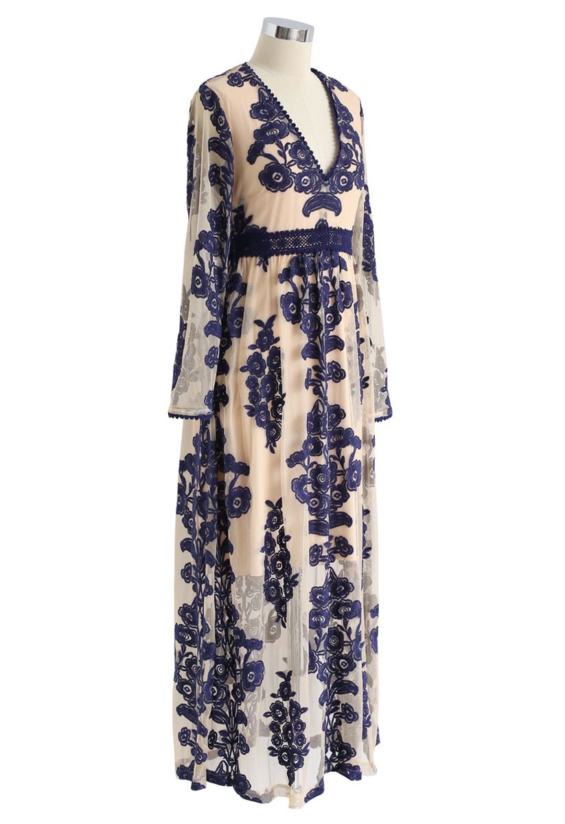 V-Neck Floral Embroidered Mesh Maxi Dress in Navy