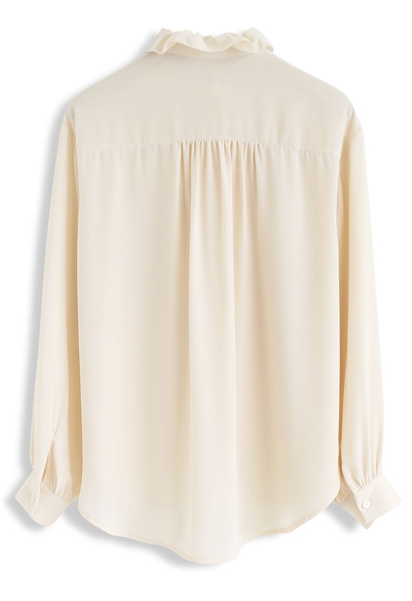 Button Front Ruffle Hi-Lo Shirt in Cream