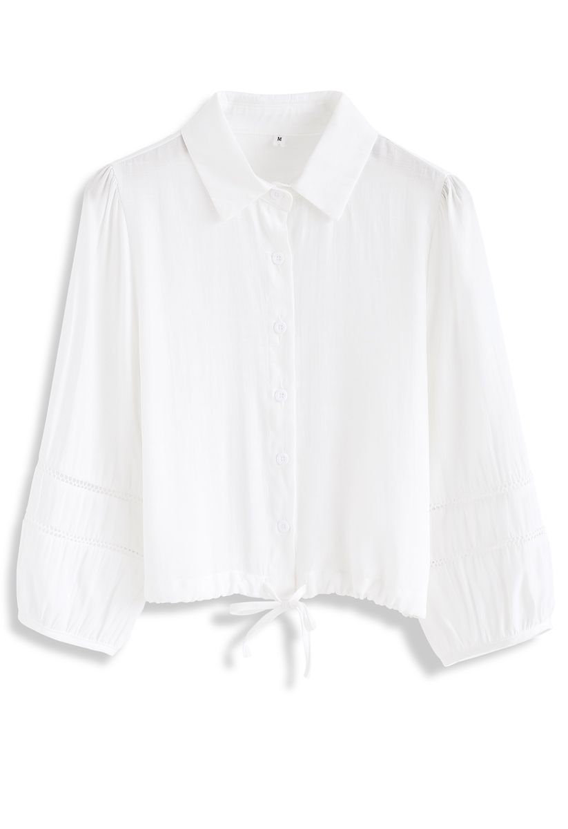 Drawstring Button Front Shirt in White