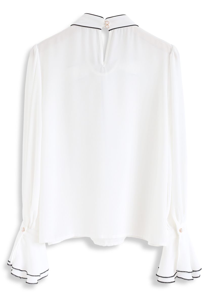 Bowknot Bell Sleeves Chiffon Top in White 