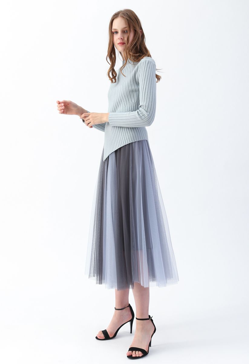 Amore Color Blocked Mesh Tulle Skirt in Dusty Blue
