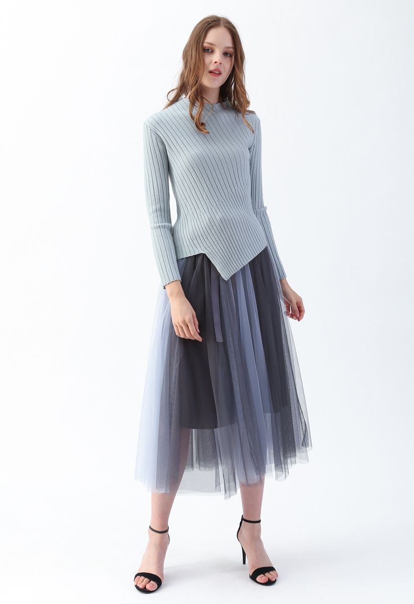 Amore Color Blocked Mesh Tulle Skirt in Dusty Blue